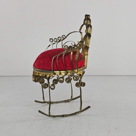 Vintage Pin Cushion Rocking Chair Red Tin Can Folk Tramp Art Dollhouse Kitsch - Picture 6 of 8